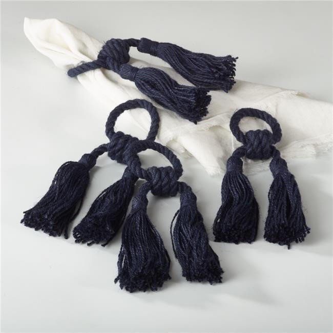 Navy Blue Jute Tassel Napkin Rings Set of 4