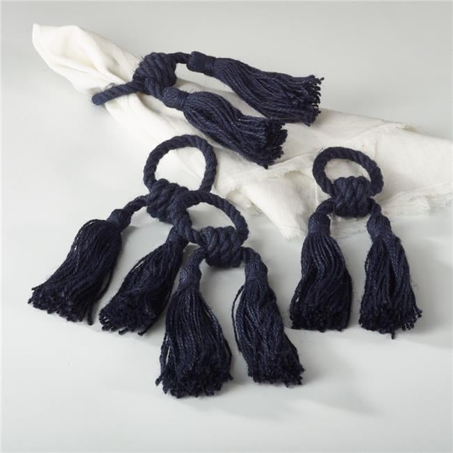 Navy Blue Jute Tassel Napkin Rings Set of 4