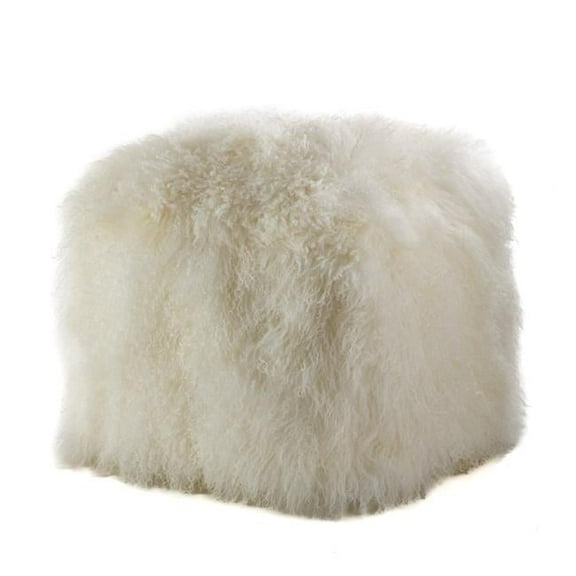 SARO Mongolian Lamb Fur Wool Pouf Ottoman Ivory