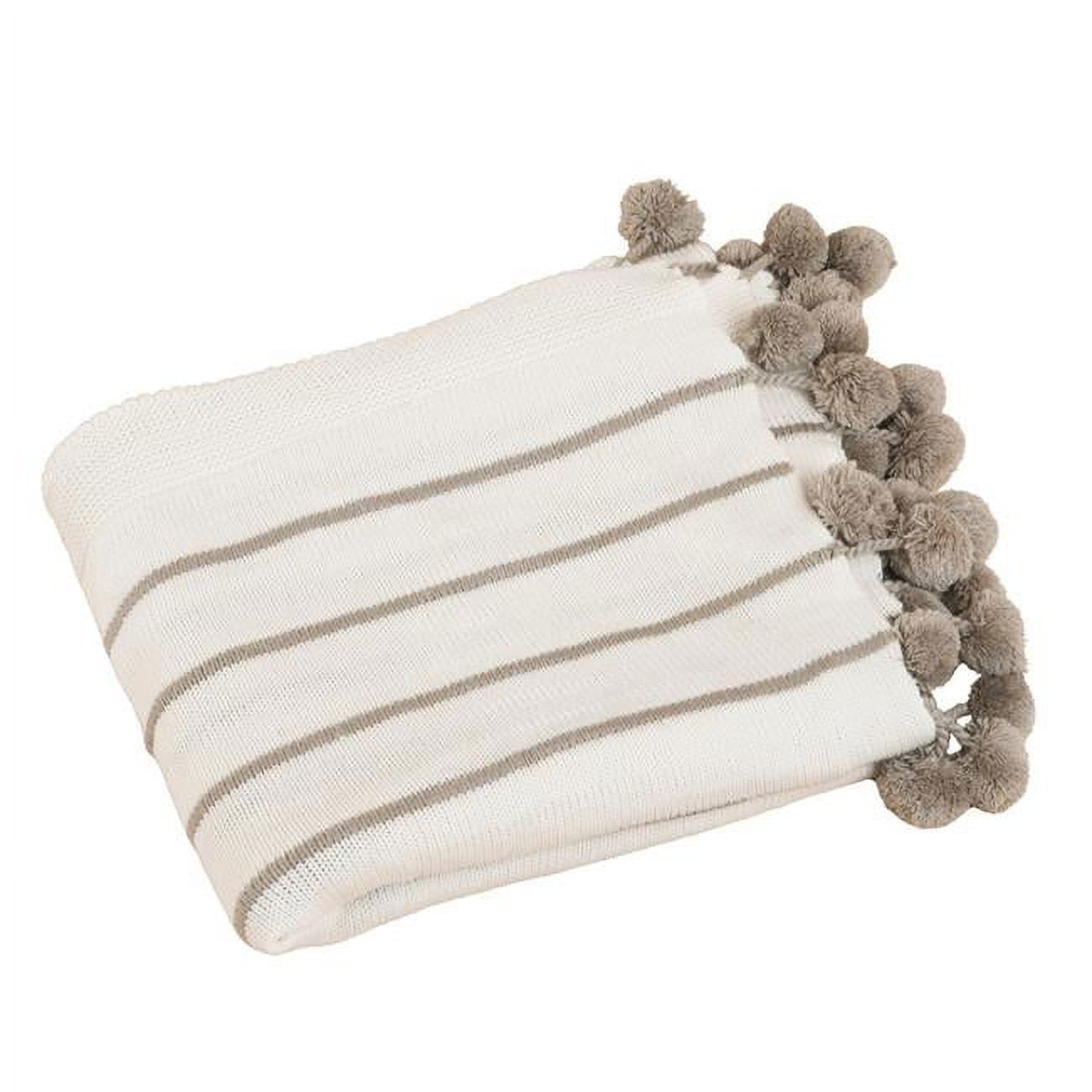 Ivory and Gray Knitted Pom-Pom Throw Blanket