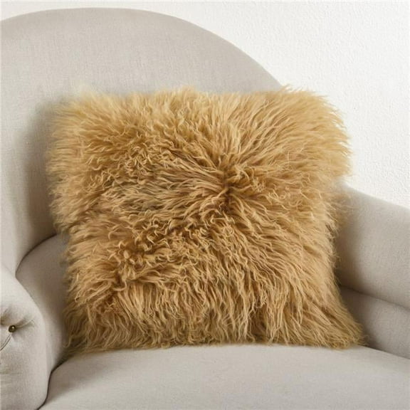 SARO  Square Wool Mongolian Lamb Fur Throw Pillow - Gold - 16 in.