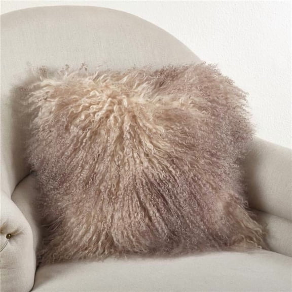SARO  Square Wool Mongolian Lamb Fur Throw Pillow - Oyster - 16 in.