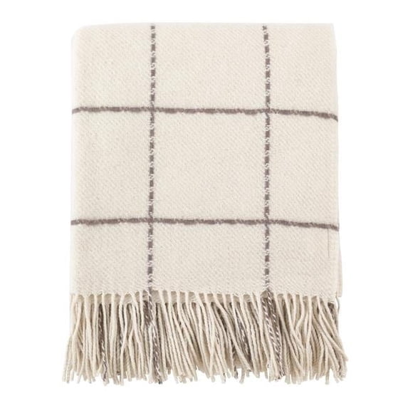 SARO TH027.I5060 Windowpane Tasseled Wool Blend Throw Blanket Ivory