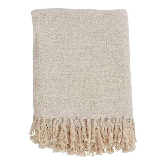 SARO TH258.I5060 Cotton Throw Blanket with Diamond Weave Design Ivory