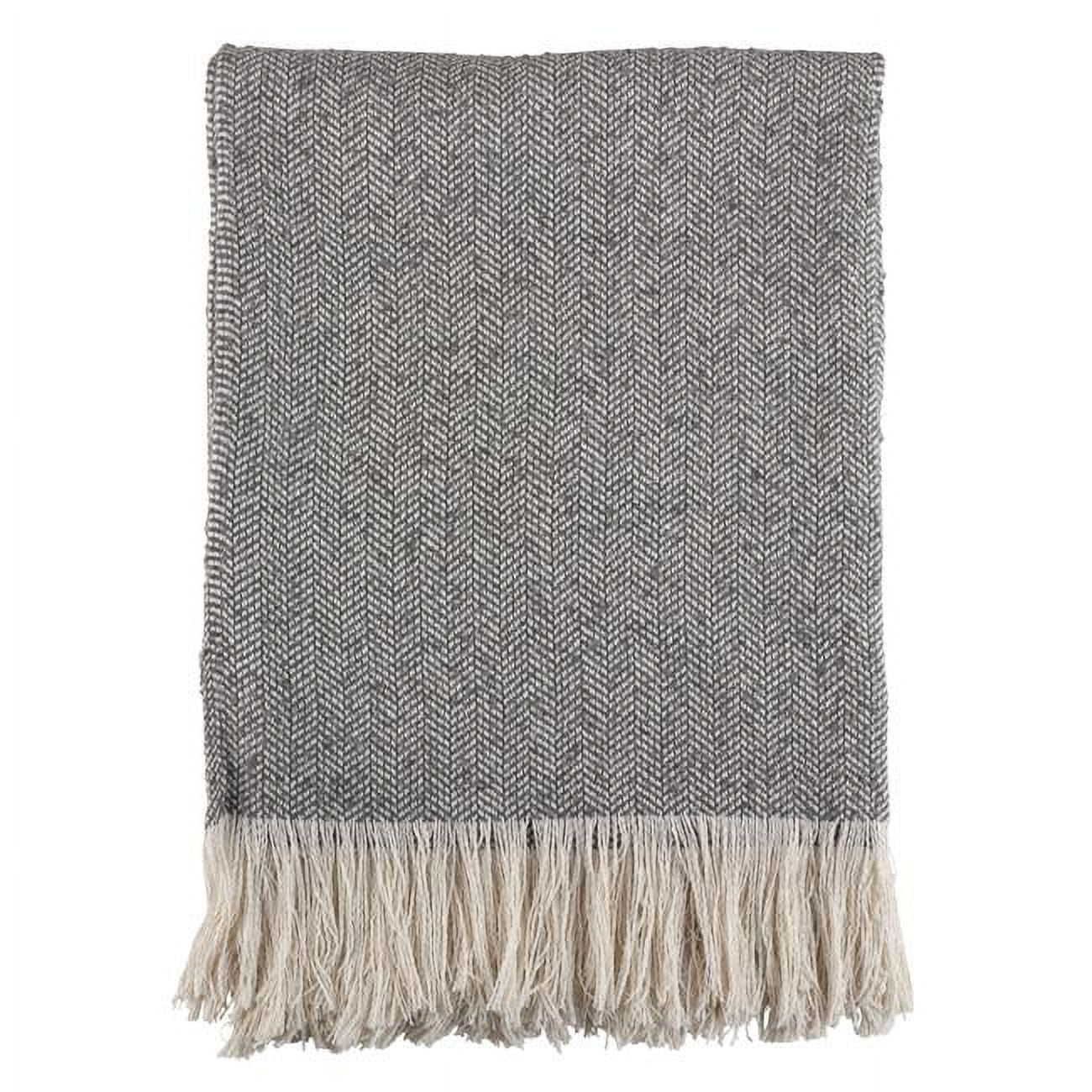 Luxurious Gray Herringbone Fringe Throw Blanket, 50"x60"