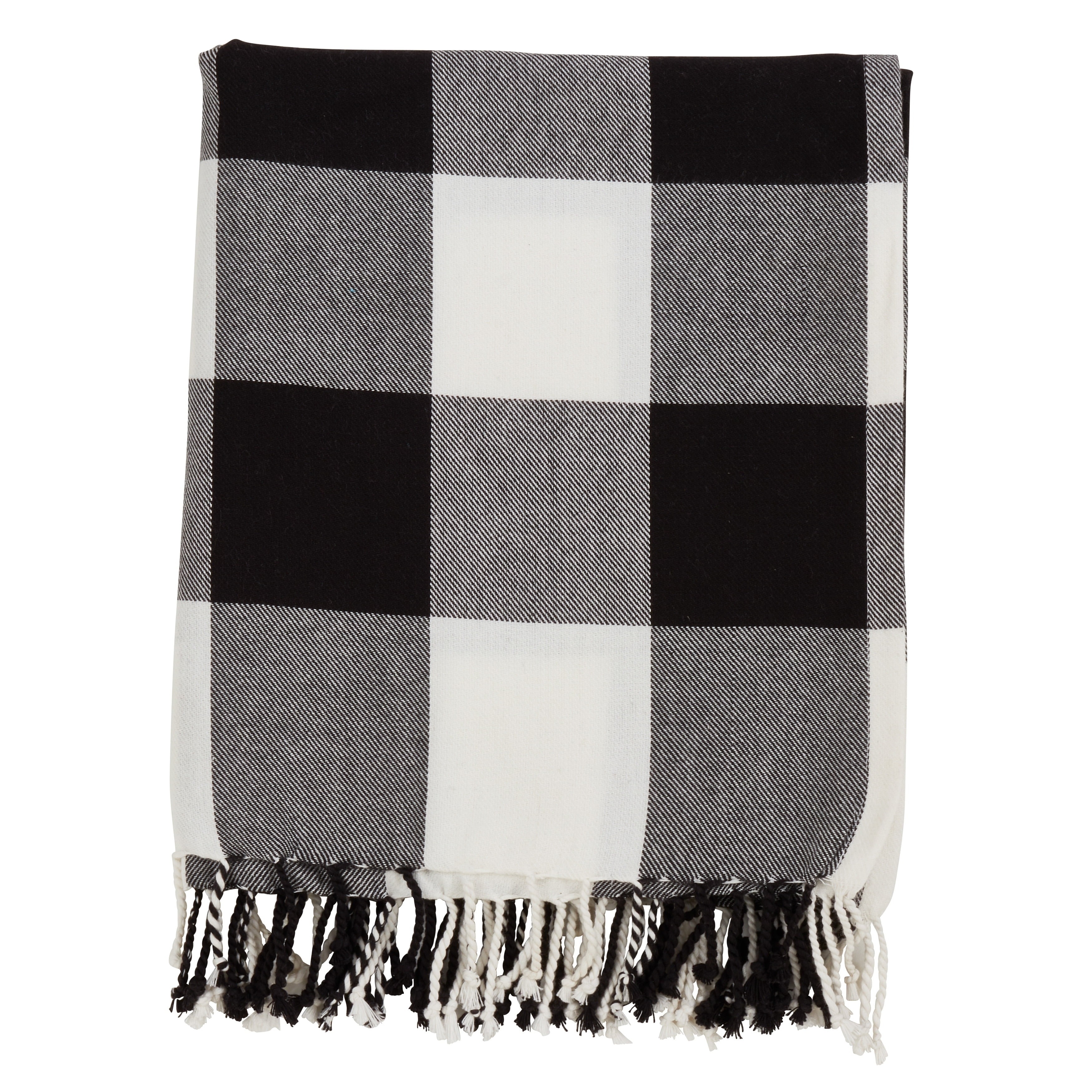 Buffalo Plaid Tassel-Trimmed Cotton Throw Blanket - Black and White