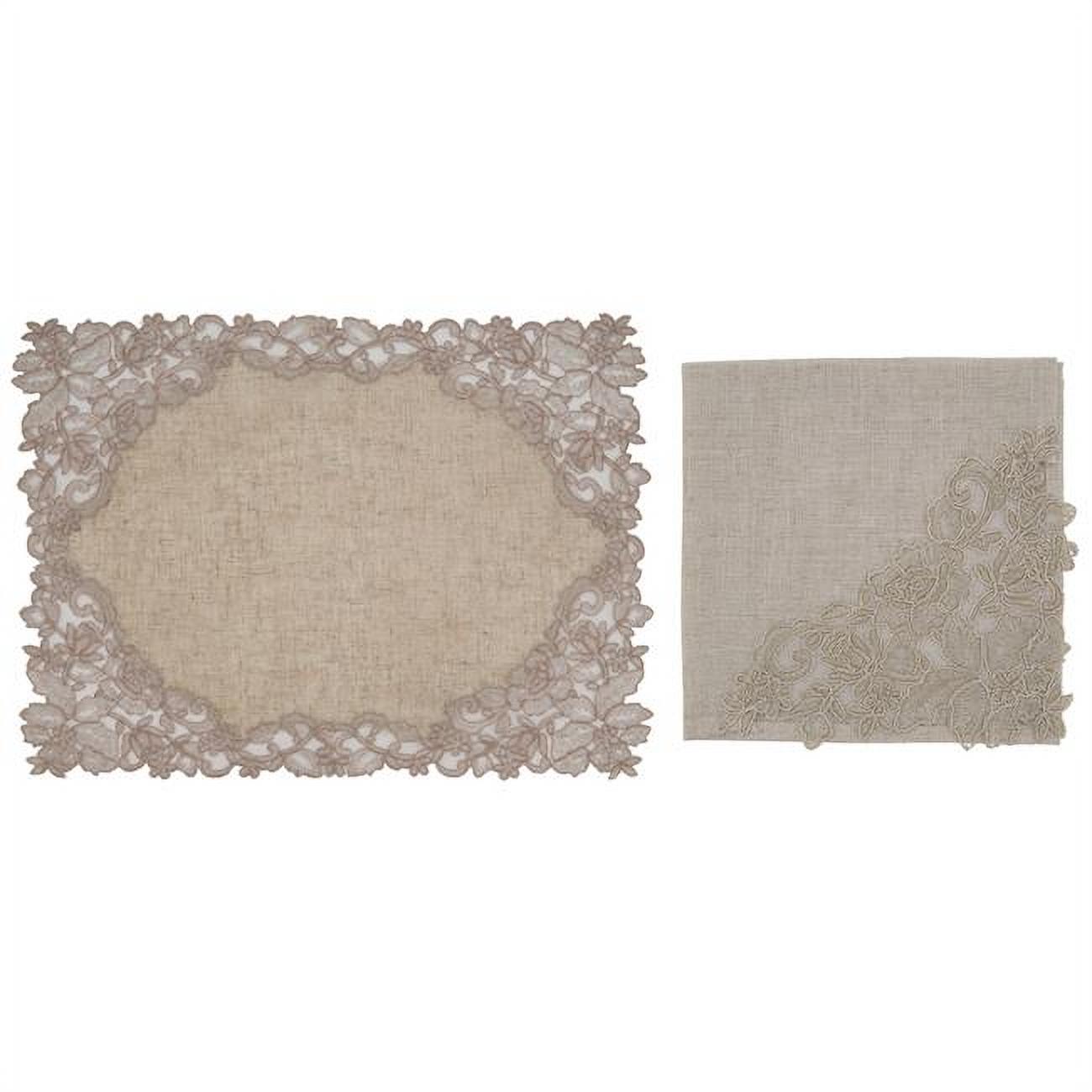SARO Table Napkin & Placemat Set with Natural Lace & Embroidered Design