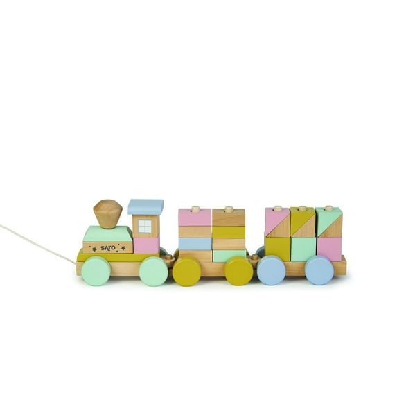 SARO Wooden Train Set with Blocks: Toddler Building Blocks, Pull Along Train, Educational Wooden Train, Fine Motor Skills Toy, FSC Certified Train