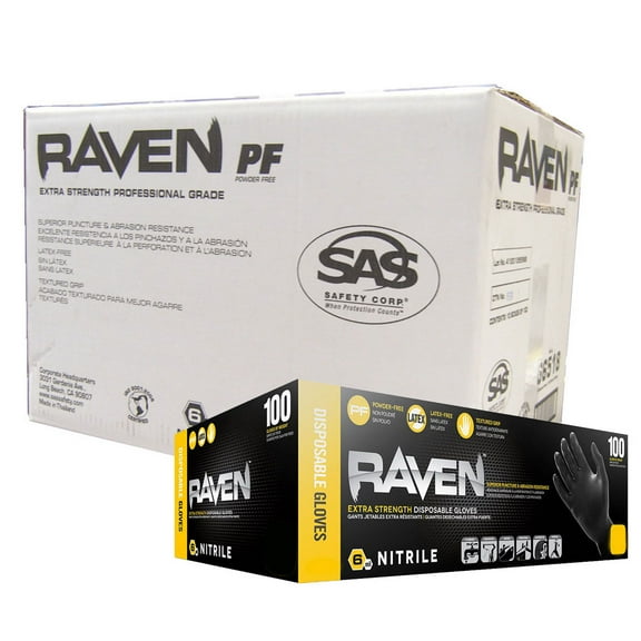 SAS RAVEN Powder-Free Black Nitrile Disposable Gloves Case of 10 Boxes