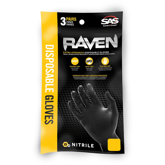 SAS Safety Clipstrip of Black PF Extra-Strength Black Disp. Gloves, L (pk of 25)