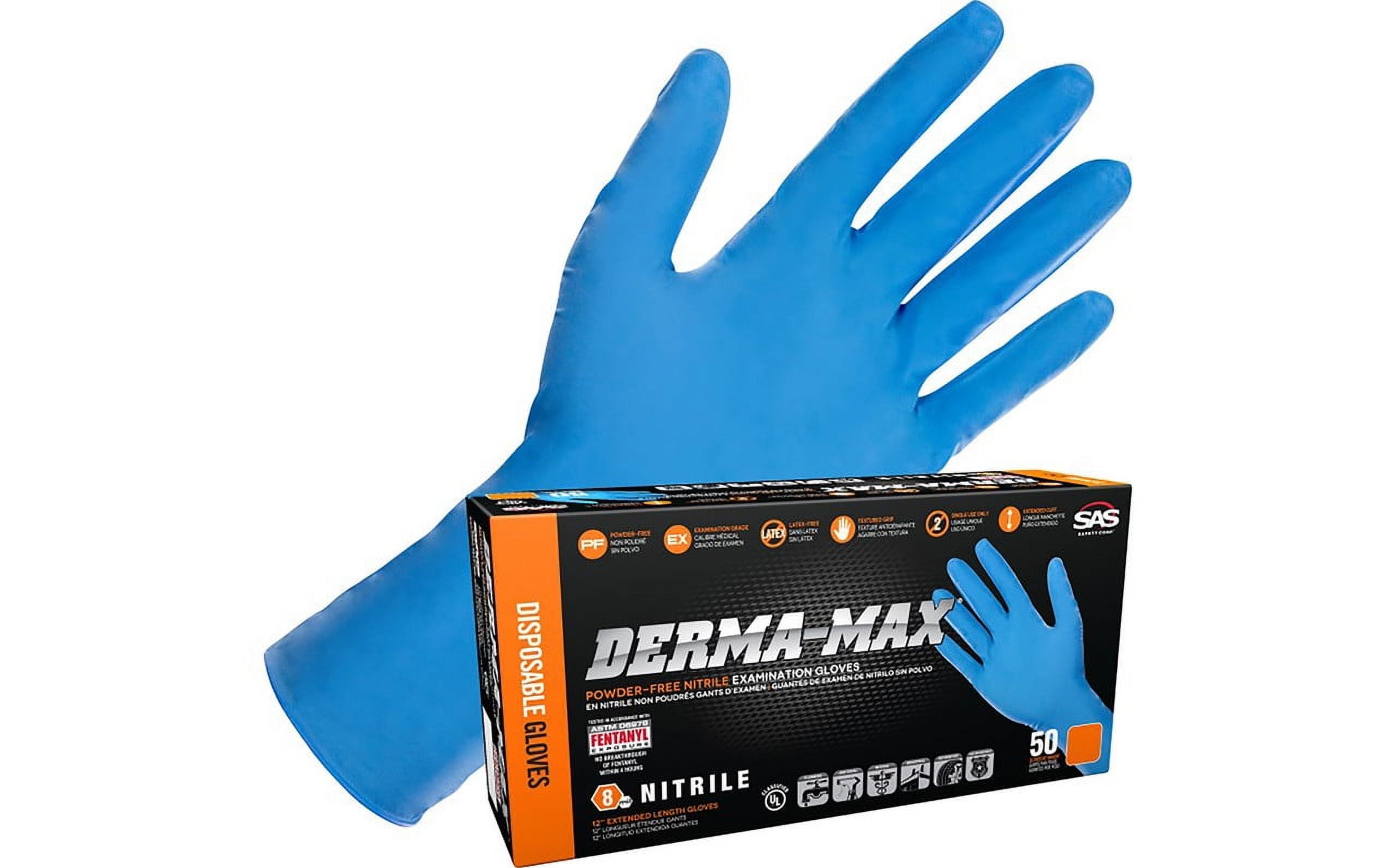 SAS Safety Derma-Max 6609-40 Powder-Free Nitrile Exam Gloves, 8 Mil, 12" Extended Cuff, X-Large, 50/Box