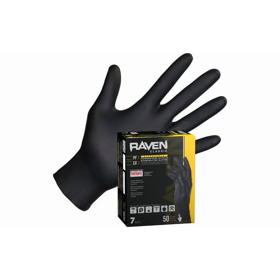Raven Nitrile Disposable Gloves, 7 mil, Powder-Free, Exam Grade, 50 Pack, Large