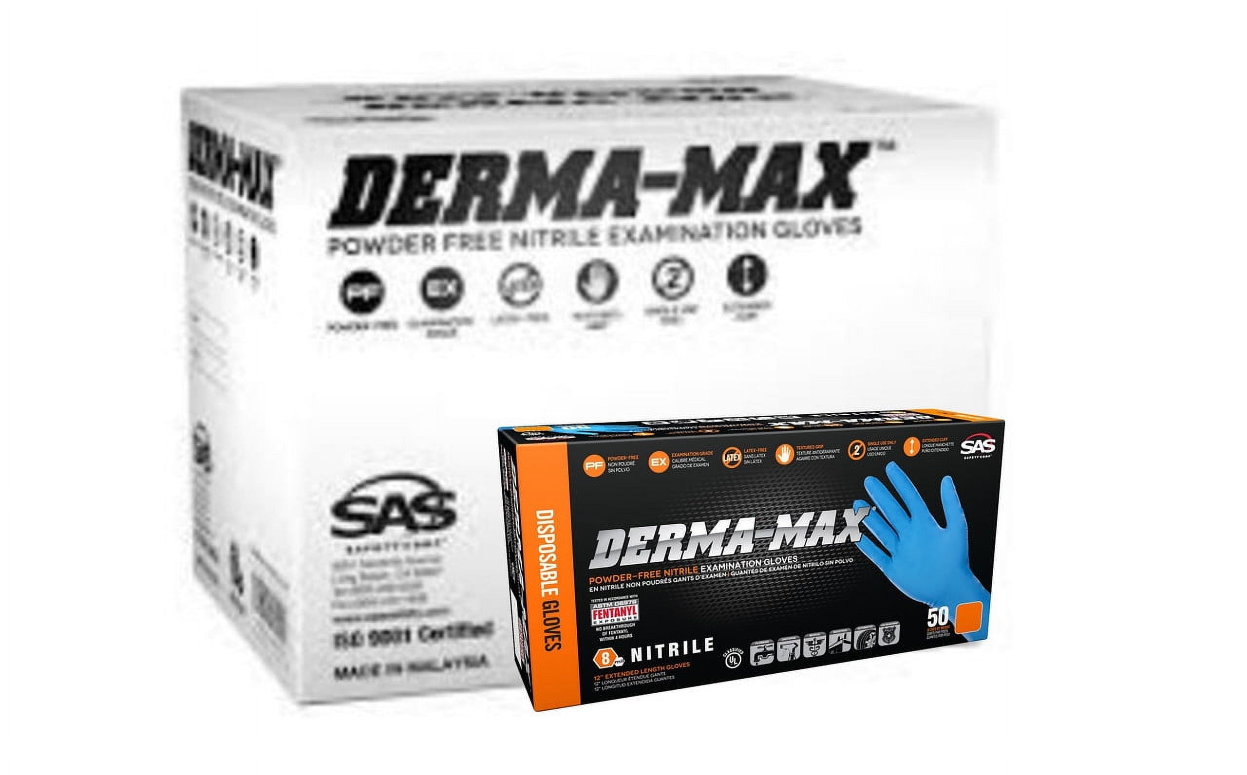 SAS Safety Derma-Max 6607-40 Powder-Free Nitrile Exam Gloves, 8 Mil, 12" Extended Cuff, Medium, 50/Box, 10 Boxes/Case