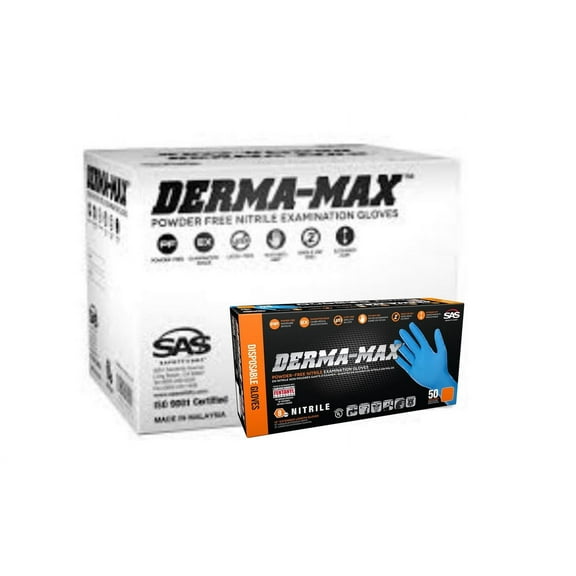SAS Safety Derma-Max 6607-40 Powder-Free Nitrile Exam Gloves, 8 Mil, 12" Extended Cuff, Medium, 50/Box, 10 Boxes/Case