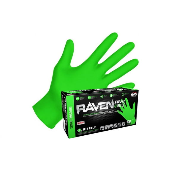Raven 66553 Nitrile Exam Gloves, 7 mil, Powder-Free, Hi-Viz InVue, Extra Strength, Size XL, 100 Gloves/Box