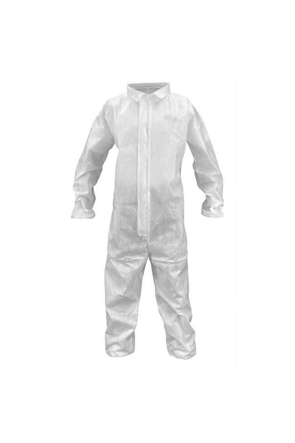 SMS General Purpose Disposable Crew Coverall, White, Elastic Wrist and Ankle Cuffs Breathable Material and Concealed Zipper. (Large)