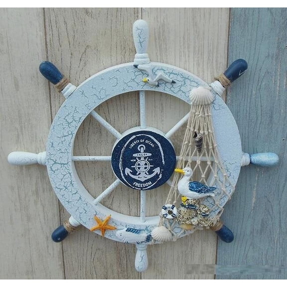SASABAXI 1Pc Round Wooden Steering Wheel Rudder Pendant Nautical Marine Wall Art Decor 11 x 11 Inches