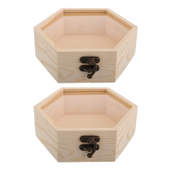 SASABAXI 2Pcs Wooden Storage Boxes with Hexagonal Glass Lid Light Yellow Wood Case