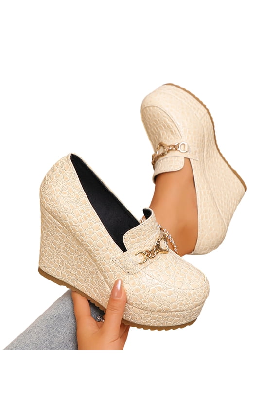 SASCFOF Womens Platform Heels Loafers Chunky High Heel Closed Toe Metal Buckle Shoes Penny Loafer Business Dress Work Pumps