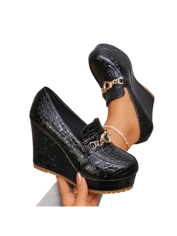 SASCFOF Womens Platform Heels Loafers Chunky High Heel Closed Toe Metal Buckle Shoes Penny Loafer Business Dress Work Pumps