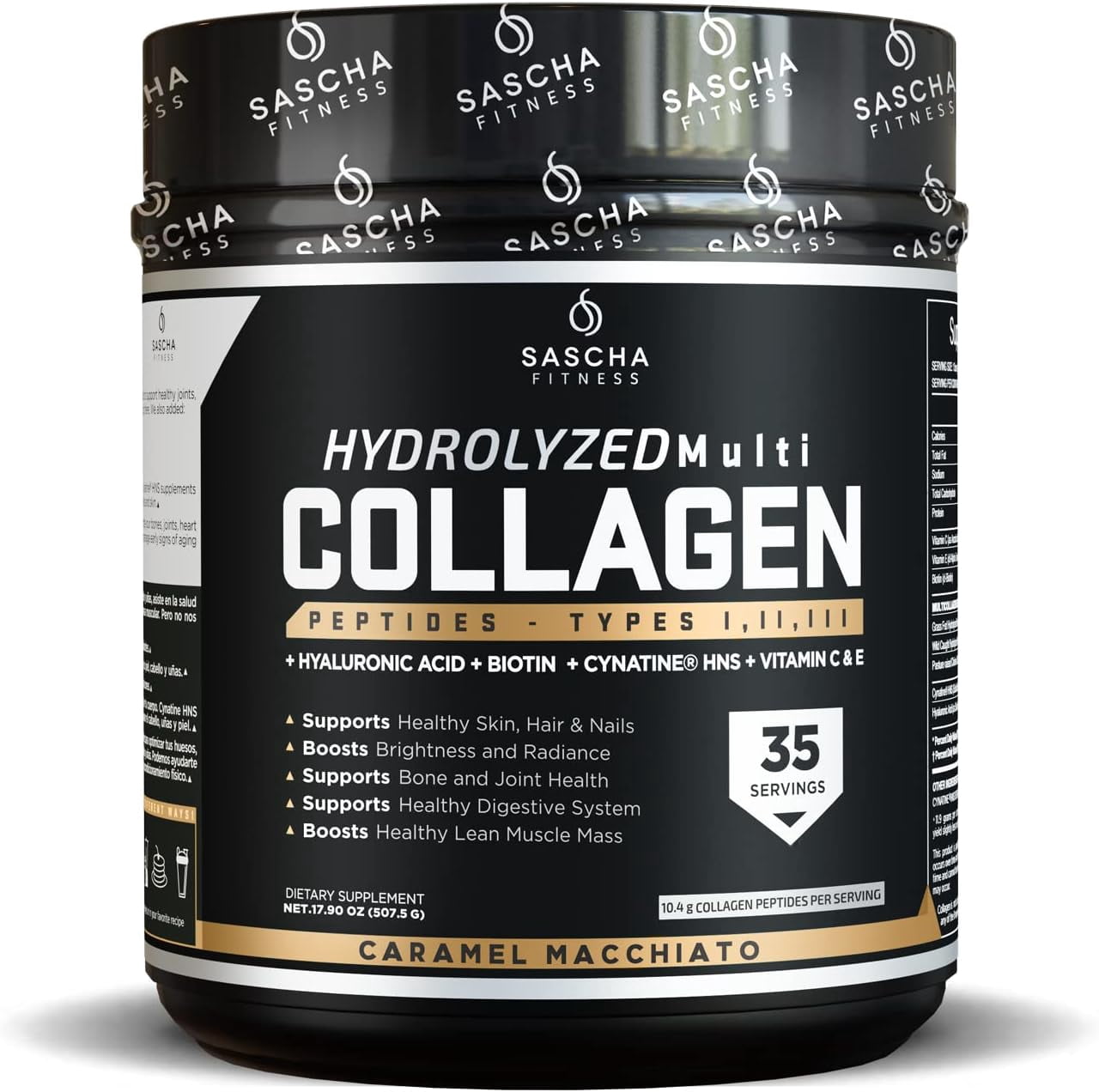 SASCHA FITNESS Hydrolyzed Multi Collagen Peptides Tipes 1,2 & 3 |Hyaluronic Acid|Biotin |Cynatine HSN|Vitamin C & E |for Hairs, Skin & Bone Support|Caramel Macchiato