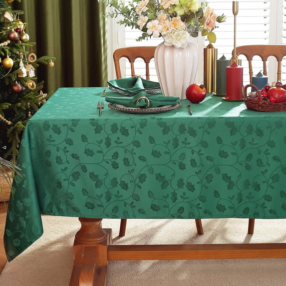 SASTYBALE Christmas Tablecloths for Square Tables, SpillProof Jacquard Holly Berry Leaves Table Cloth, Heavyweight Table Cover for Winter, Holiday, Dinner Decor