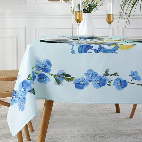 SASTYBALE Lemon Tablecloth Rectangle 60 x 102 Inch, Spill Proof Machine Washable Polyester Fabric Table Cloth, Floral Table Cover for Spring/Summer/Party/Outdoor, Blue