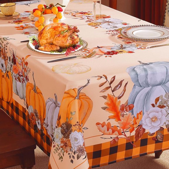 SASTYBALE 52"x70" Rectangle Tablecloth - Orange Pumpkin Buffalo Plaid, Washable for Fall Thanksgiving