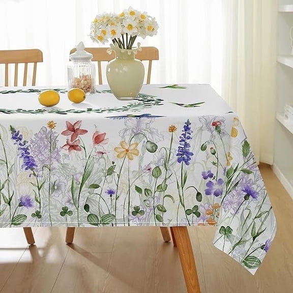 SASTYBALE Spring Summer Tablecloth, 60" x 84" Rectangular Watercolor Wild Flower Birds Plants Decorative Table Cloth Washable Water Resistant Table Cover for Party Picnic Dinner Decor, Colourful
