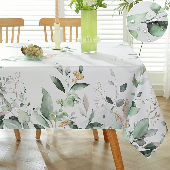 SASTYBALE Spring Summer Tablecloth Rectangle 52 x 70 Inch Eucalyptus Leaves Watercolor Floral Table Cloth, Wrinkle Free Washable Fabric Table Cover for Dining/Party/Indoor/Outdoor, Green