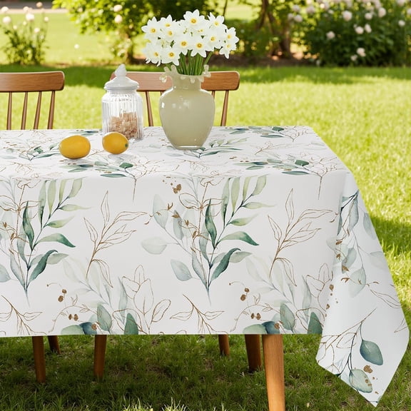Spring Summer Tablecloth Rectangle 52x70 Inch Eucalyptus Leaves Watercolor Spill Proof Wrinkle Free Floral Table Cloth, Fabric Table Cover for Dining, Party, Picnic, Outdoor, Green