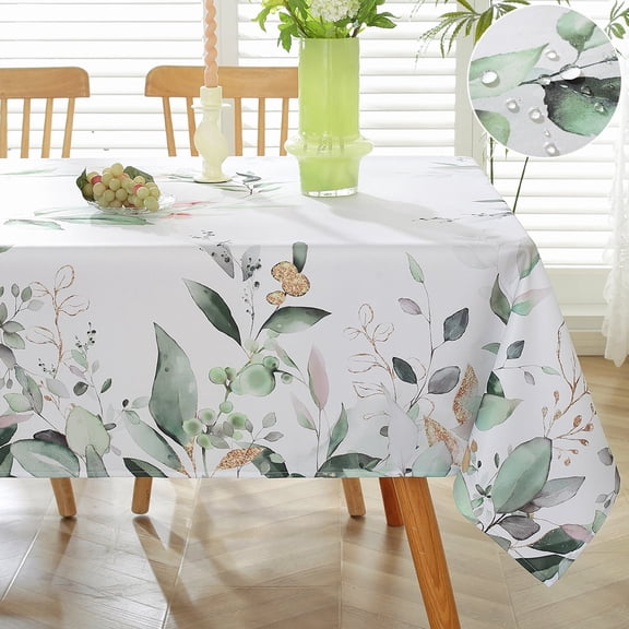 SASTYBALE Spring Summer Tablecloth Rectangle 60 x 84 Inch Eucalyptus Leaf Floral Watercolor Table Cloth, Waterproof Anti Shrink Table Cover for Dining/Party/Picnic/Indoor/Outdoor, Green