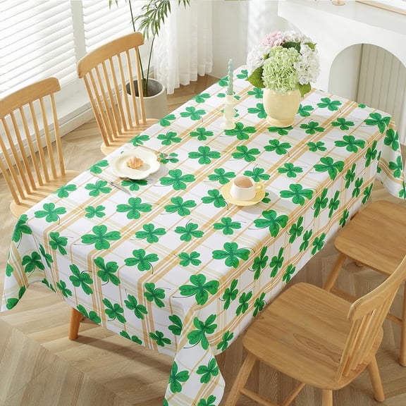 SASTYBALE St. Patrick’s Day Tablecloth Rectangle, Spill Proof Plaid Table Cloth Printed with Green Shamrock Clovers, Washable Table Cover for Party Picnic Dinner Decor
