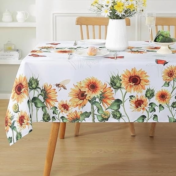 SASTYBALE Sunflower Table Cloth, 60 x 102 Inch Rectangle Summer Tablecloths, Wipe-able Wrinkle Resistant White Polyester Fabric Table Cover for Fall Kitchen Dining, Party, Picnic, Indoor, Outdoor