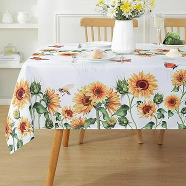 SASTYBALE Sunflower Tablecloth, 52x70 Inch Rectangle Summer Table Cloth, Spill Proof Dust-Proof Wrinkle Resistant White Polyester Fabric Table Cover for Fall Kitchen, Party, Picnic, Indoor, Outdoor