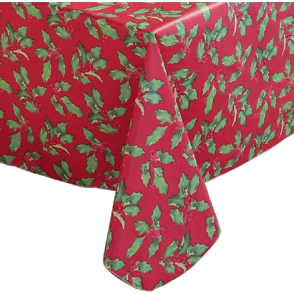SASTYBALE Vinyl Christmas Tablecloth Rectangle Flannel Backing, Vintage Holly & Berry Print Waterproof & Heavy Plastic Table Cover for Dining, Party, Farmhouse Decorations