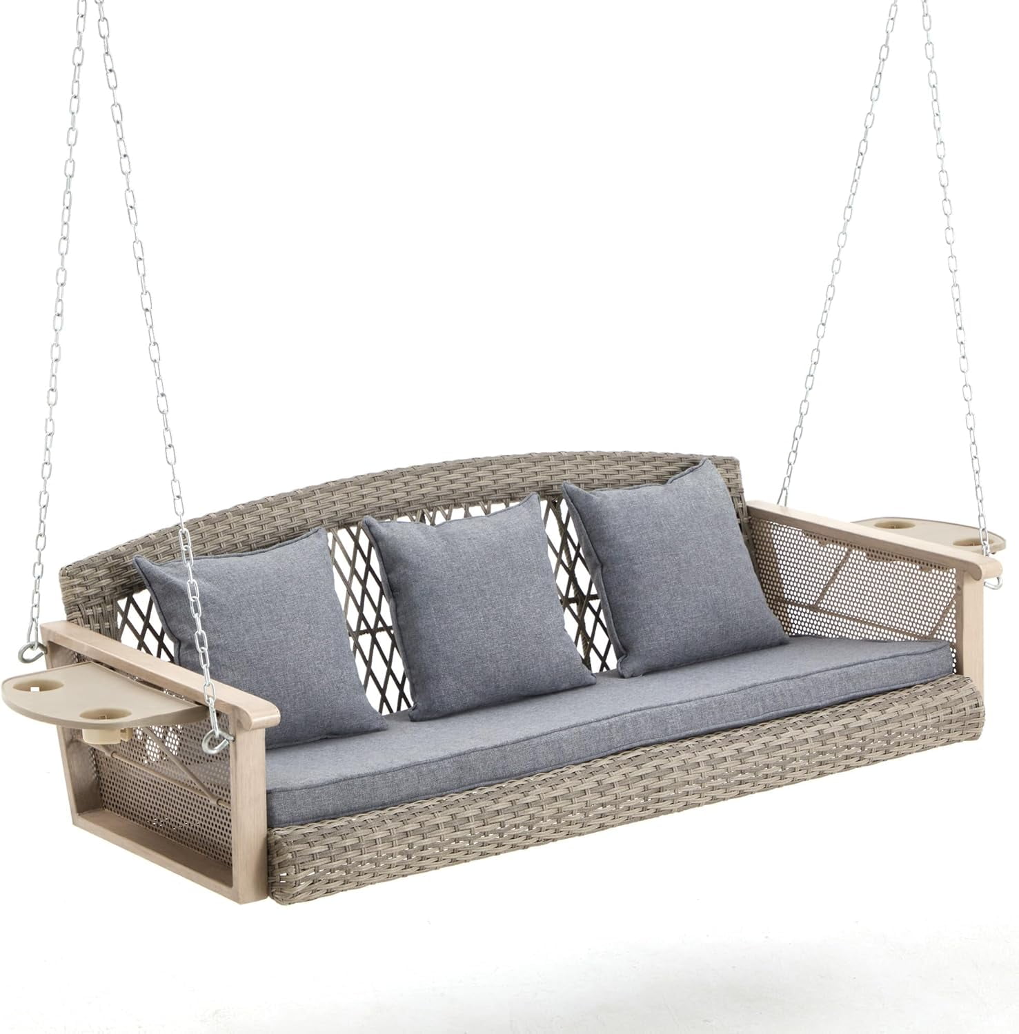 SASYXDC 3-Seat Wicker Hanging Porch Swing Outdoor with Non-Spill Cup ...
