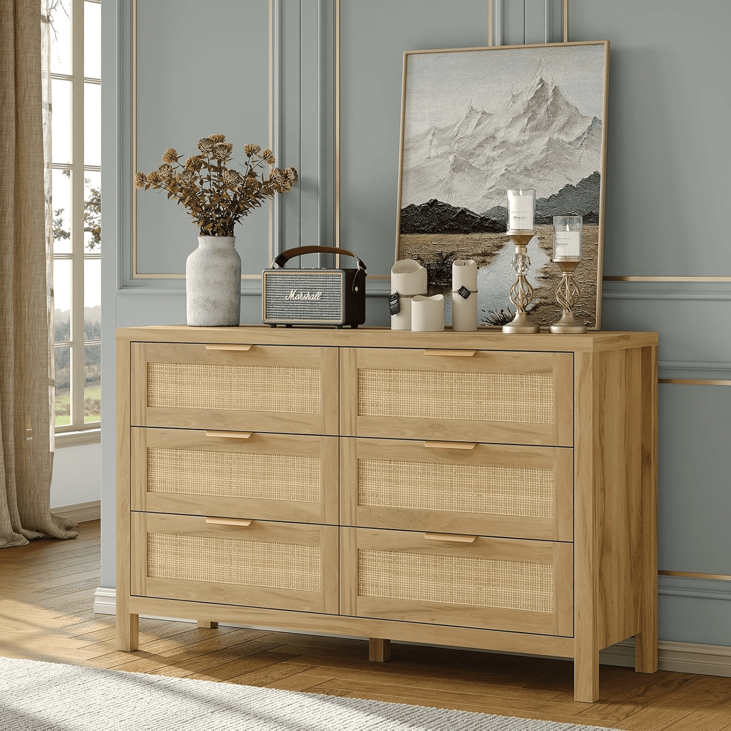 SASYXDC 6 Drawers Rattan Dresser for Bedroom GUBUONIP Wooden Dresser ...