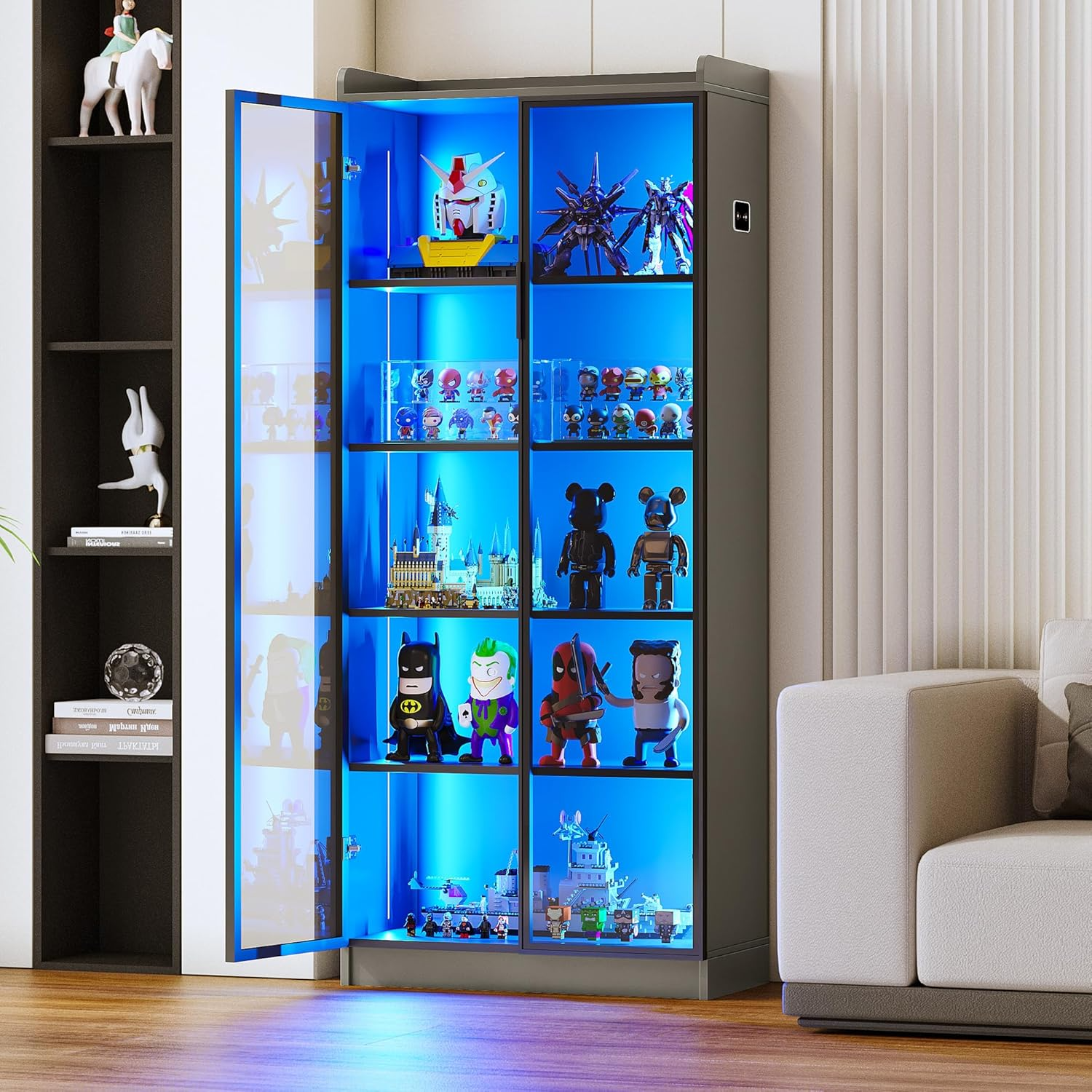 SASYXDC 65" Display Cabinet with Acrylic Glass Door LED Bookcase with ...