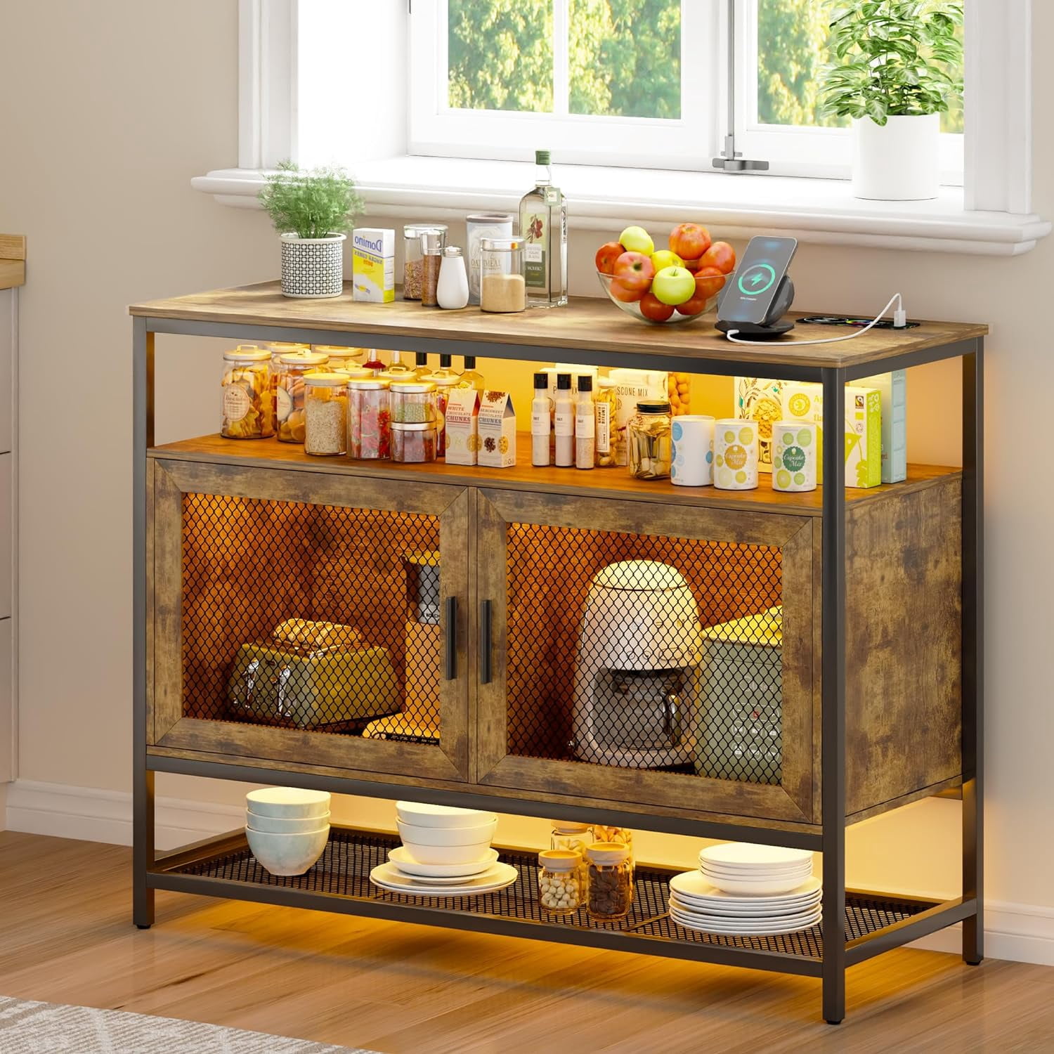 SASYXDC Sideboard Buffet Cabinet Storage Cabinet with Metal Frame LED ...