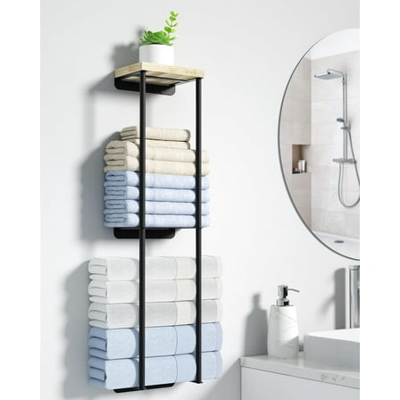 Towel Racks for Bathroom, 2 Tier Wall Towel Holder with Wood Shelf, Metal Wall Mounted Towel Rack Bathroom Organizers and Storage, Black
