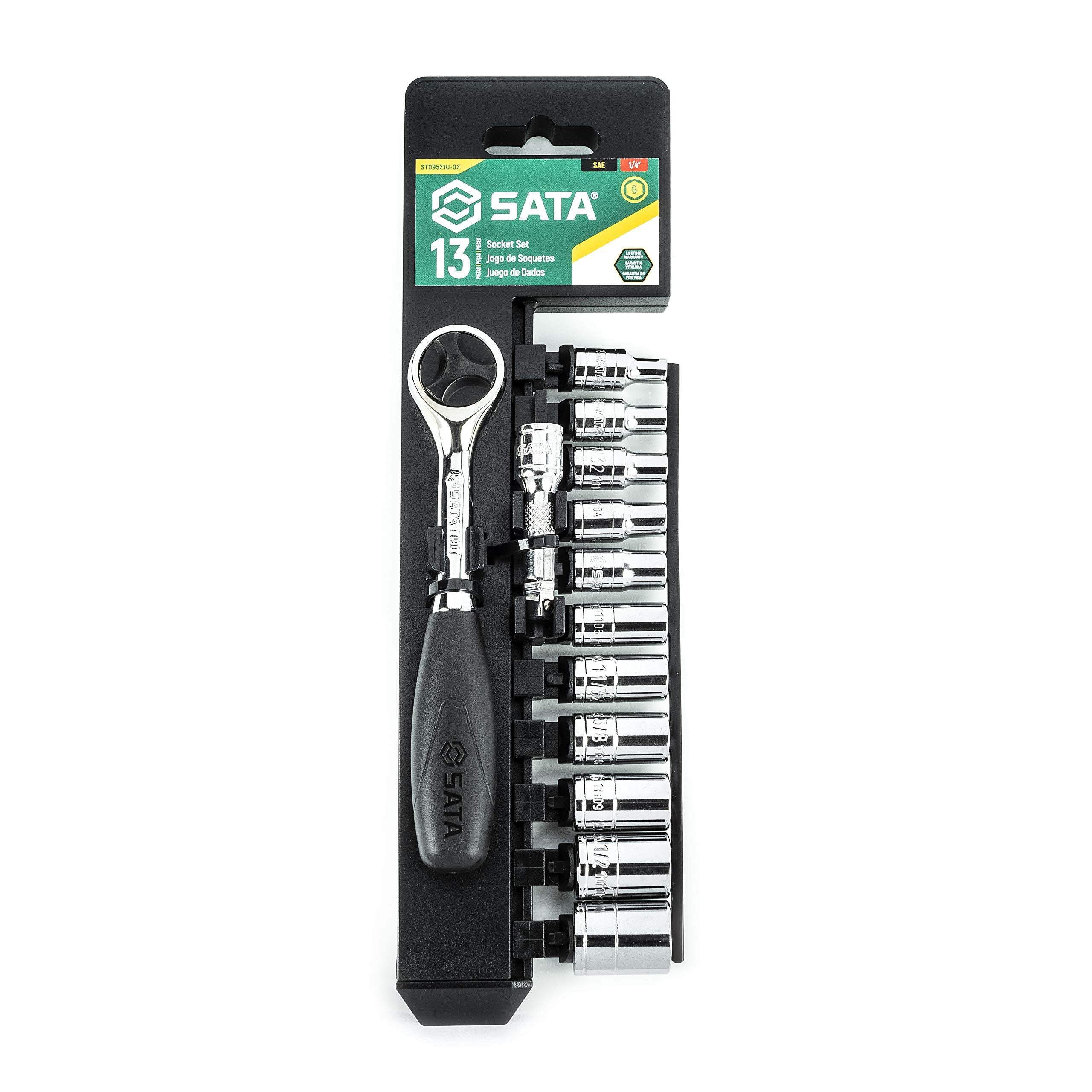 SATA 13-Piece 1/4 Inch Drive 6-Point SAE Socket Set with 60 Tooth Round ...