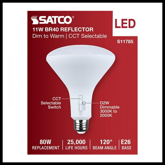 SATCO 11785 BR40 Reflector LED Light Bulb 11 Watt 120 Volt 5CCT Select 27K/30K/35K/40K/50K Dimmable (6 Pack)