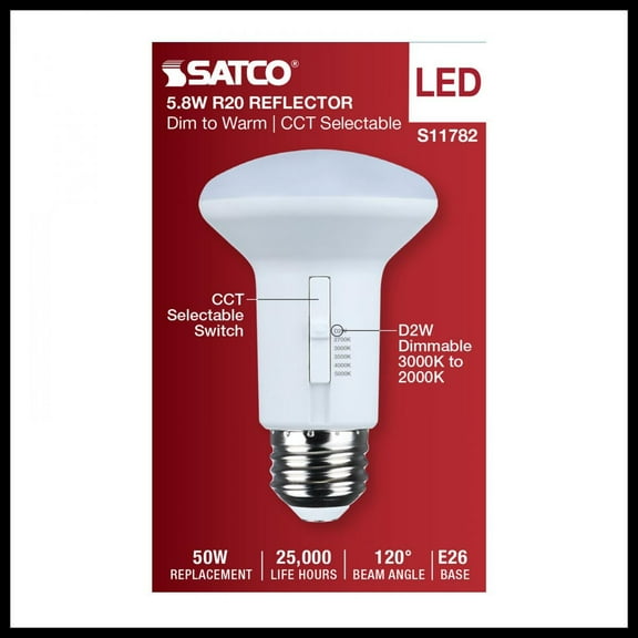 SATCO S11782 R20 LED Reflector Light Bulbs 5.8 Watt 120 Volt 5CCT Select 27K/30K/35K/40K/50K Dimmable (12 Pack)