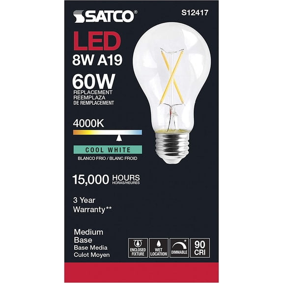 SATCO S12417 8W 120V LED A19 Bulbs E26 Base 4000K High Lumen Dimmable (6 Pack)