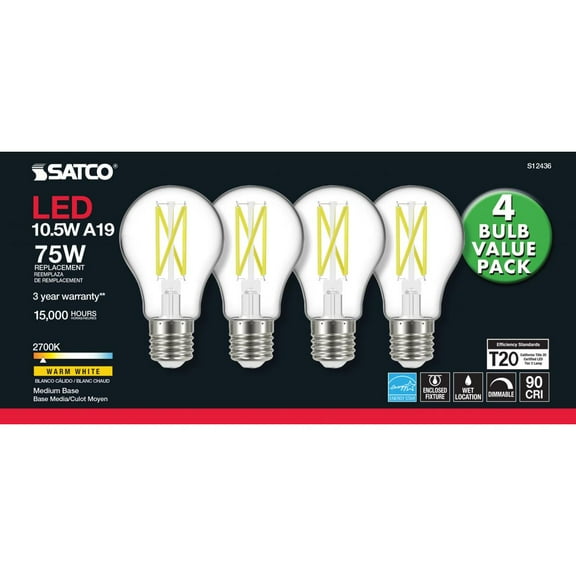 Satco S12436 LED A19 Light Bulbs 10.5W 120V 2700K Warm White E26 Medium Base (4 Pack)