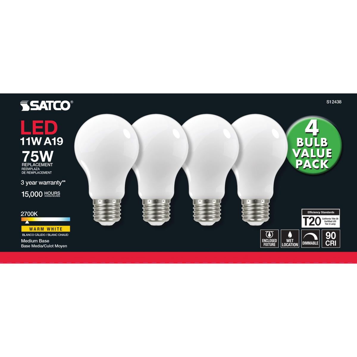 Satco Nuvo 75W Equivalent Warm White A19 Medium Frosted LED Light Bulb (4-Pack)
