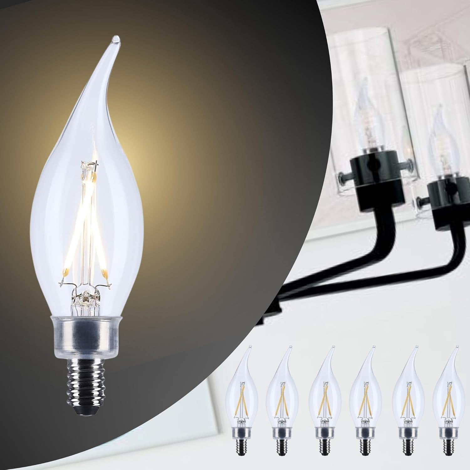 SATCO S12505 CA10 LED Light Bulbs 3W 120V 3000K 200 Lumen E12 Candelabra Base Dimmable Wet Location (6 Pack)