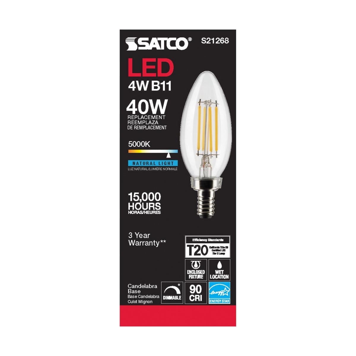 SATCO S21268 4W 120V B11 5000K 350 Lumen LED E12 Candelabra Base Light Bulb Dimmable (6 Pack)
