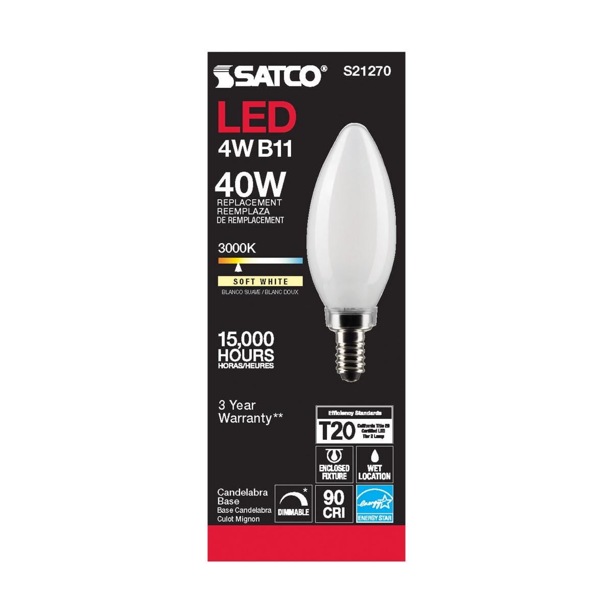 SATCO S21270 4W 120V B11 3000K 350 Lumen LED E12 Candelabra Base Light Bulb Dimmable (6 Pack)